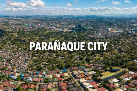 An aerial view of Paranaque City showing lots of trees and roofs, the photo also shows parts of nearby cities